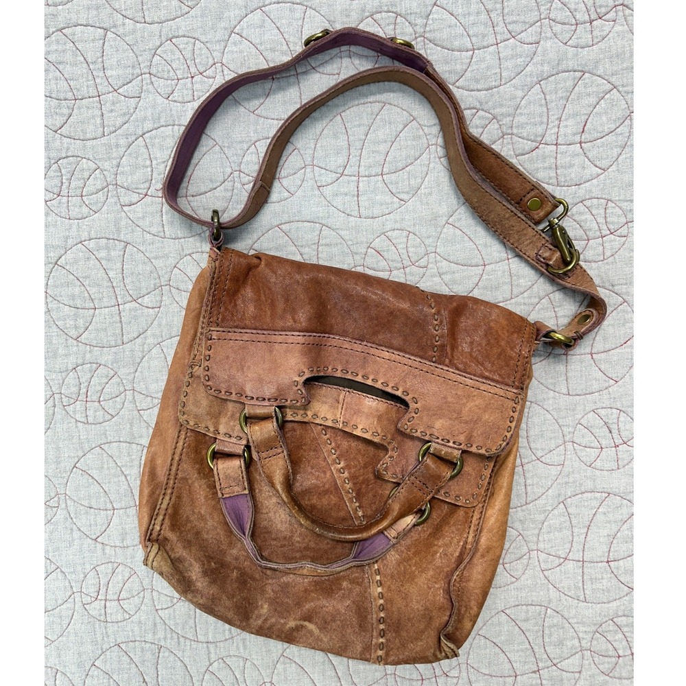 VTG Lucky Brand Crossbody Bag Brown Leather Whipstitch Italian Lamb Leather